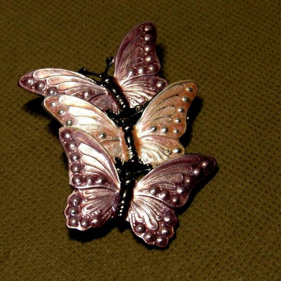VTG Butterflies Brooch Enameled Filigree 3 Purple - Picture 1 of 8